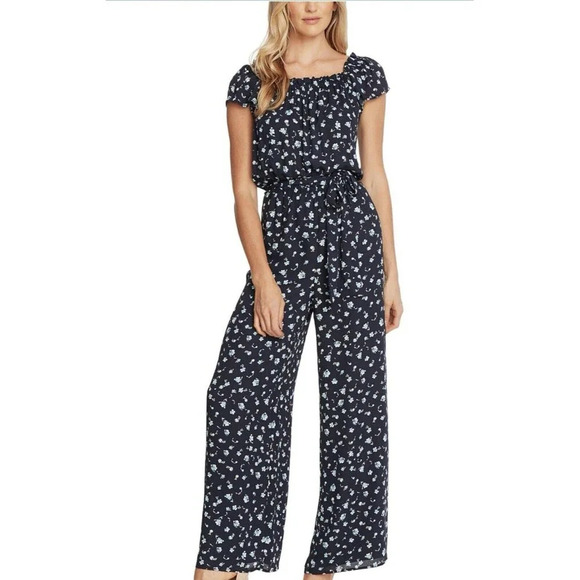 CeCe Women’s Blue Square Neck Scattered Floral Jumpsuit Size 4 - Picture 1 of 13